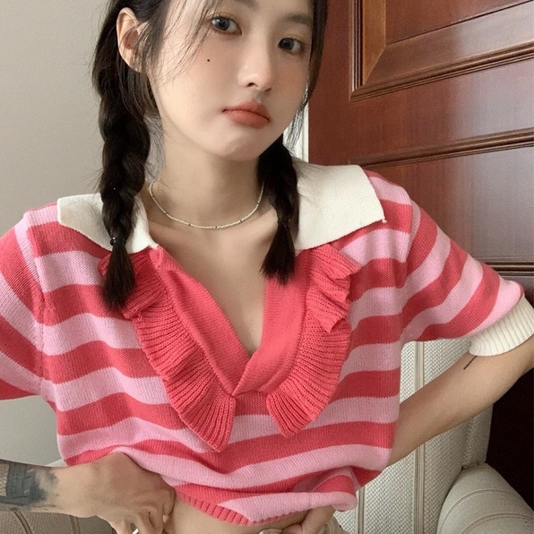 Áo thun polo dệt kim ZHELIHANGFEI dáng rộng kẻ sọc cá tính