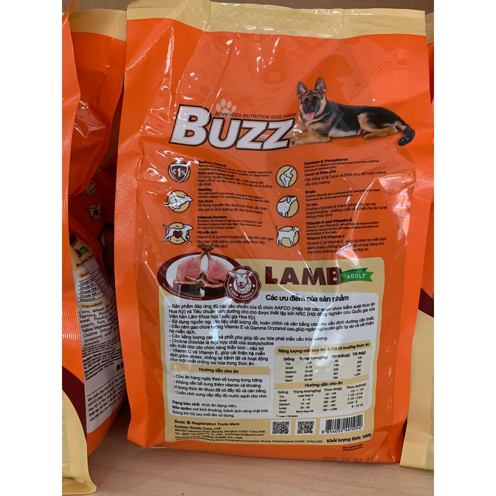 Thức ăn chó cao cấp Buzz Adult Dog Food Vị thịt cừu 500g [HSD: 13/07/2022]