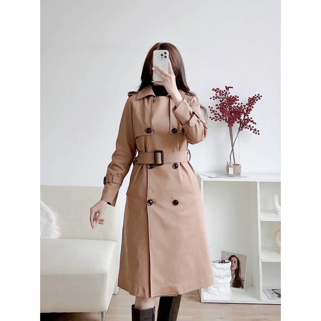 Áo măng tô nữ dáng dài 8 cúc chất liệu kaki có đai buộc - áo trench coat dáng dài 115