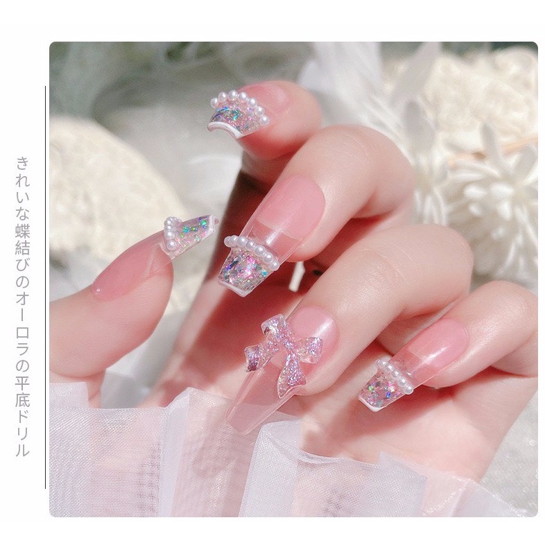 Set 10 charm nơ, gấu, tim, tim đào xà cừ ánh nhũ mix màu đính móng