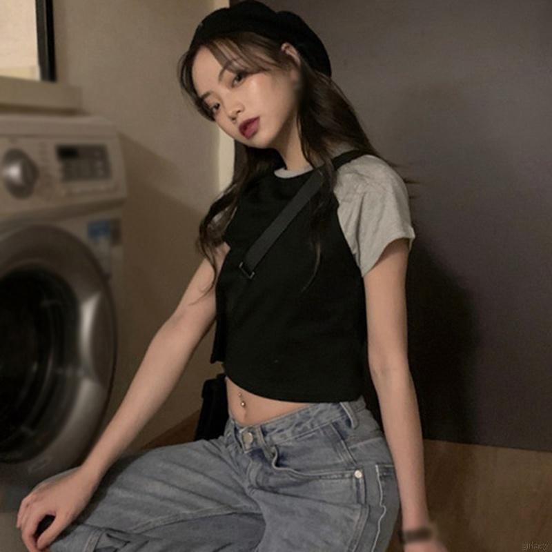 Áo thun dáng lửng ngắn tay phối màu sắc thời trang mùa hè Hàn Quốc năng động cho nữ