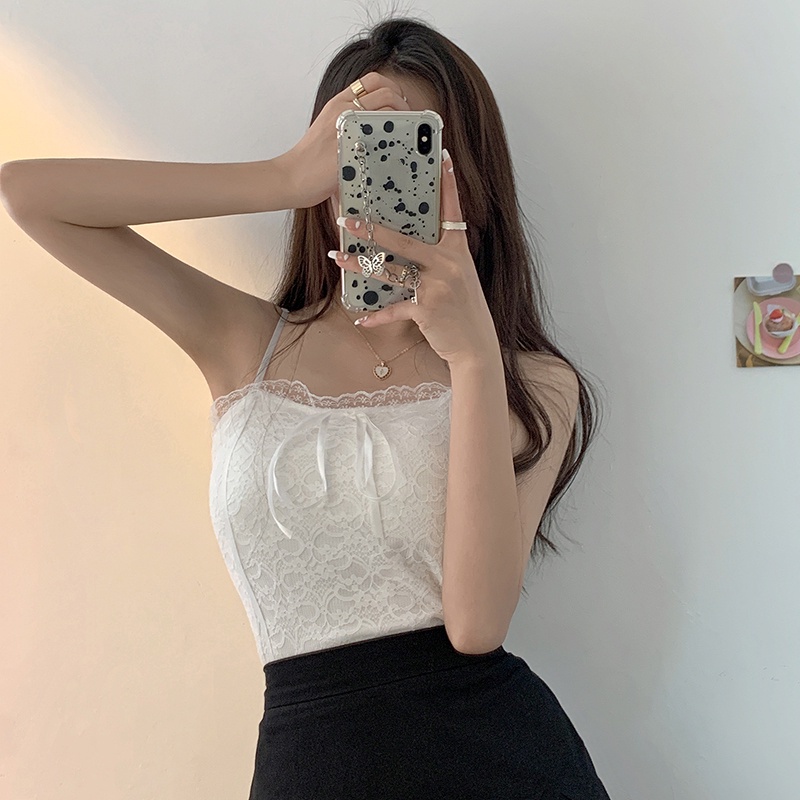 LD-Women’s Fashion Solid Color Lace Camisole Sexy Square Collar Exposed Navel Suspender Tops