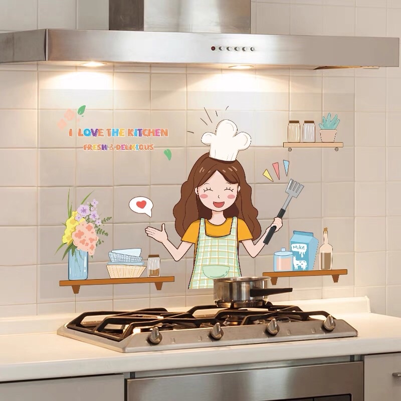 Decal, Giấy dán bếp hình cô gái xinh xắn, chất liệu cao cấp chống dầu mỡ , dễ vệ sinh lau chùi