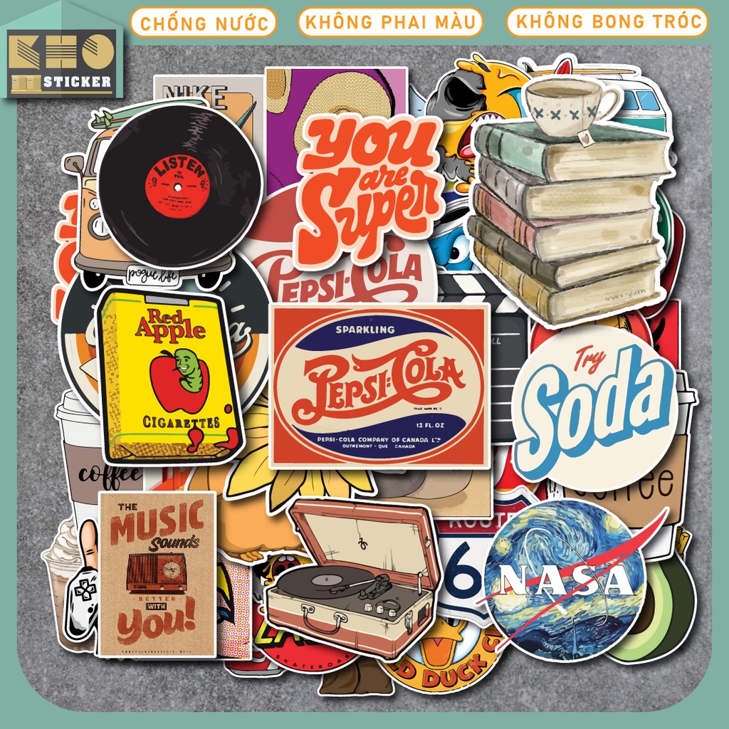 Combo 50 Sticker Vintage Style chống nước sticker dán laptop, điện thoại, đàn guitar, mũ bảo hiểm, vali. MSP: ST89