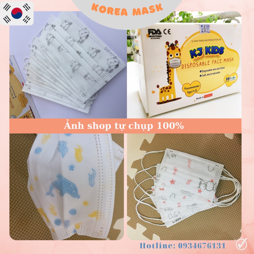 Khẩu trang y tế trẻ em KJ Kids 4 lớp giấy kháng khuẩn Hộp 50 cái Cho bé 4 - 12 tuổi