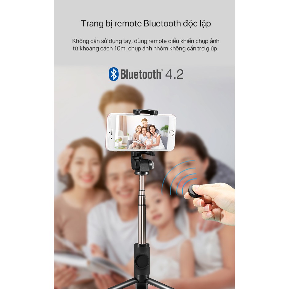 Gậy Selfie chụp hình tự sướng có giá đỡ Vivan ST-B01 điều khiển bằng remote Bluetooth, giá đỡ xoay 360 độ, hợp kim nhôm