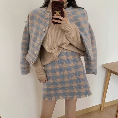 Set váy dạ tweed nữ mùa đông cao cấp kiểu dáng tiểu thư tay bồng cúc ngọc | BigBuy360 - bigbuy360.vn