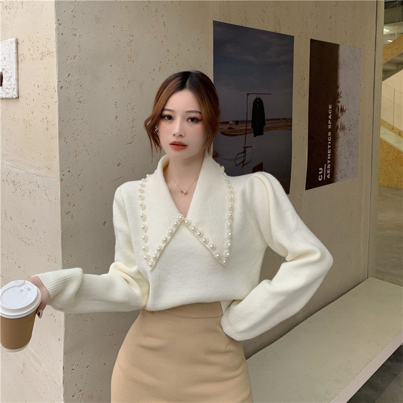 Set Áo Len Tay Phồng Cổ Chữ V Đính Hạt + Chân Váy Lưng Cao Thời Trang Cho Nữ | BigBuy360 - bigbuy360.vn