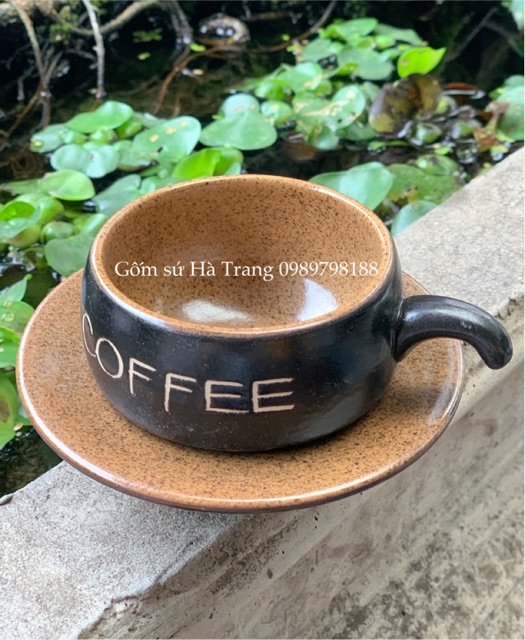 Set cốc đĩa cafe nóng dung tích 150ml gốm sứ Bát Tràng cao cấp men đen lòng nâu sang chảnh