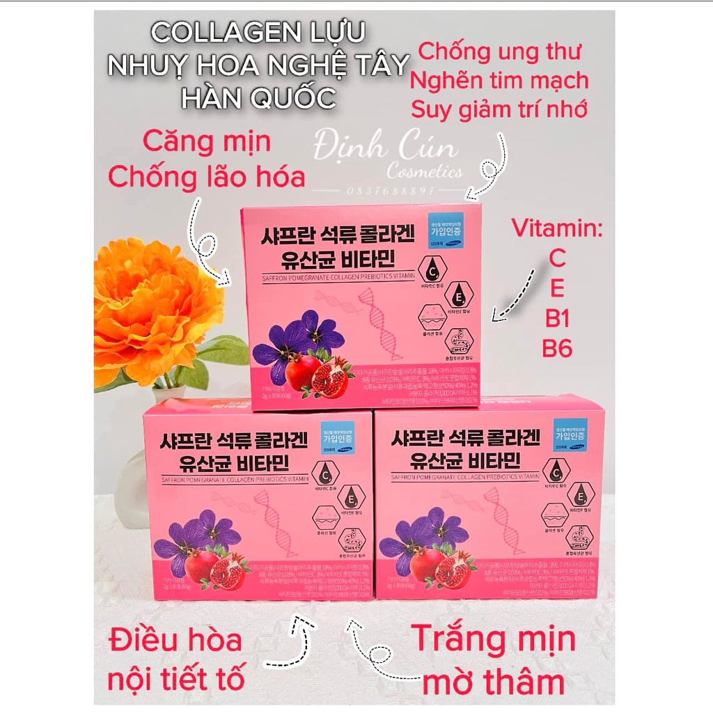 Collagen Uống Lựu Đỏ Nhụy Hoa Nghệ Tây Saffron Bio Cell Hàn Quốc 2021 (Hộp 30 gói)