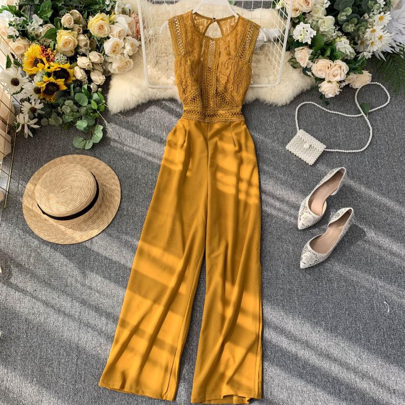 [Hàng order][Nhiều màu]Jumpsuit dài phối ren nữ hở lưng ống rộng Đ64