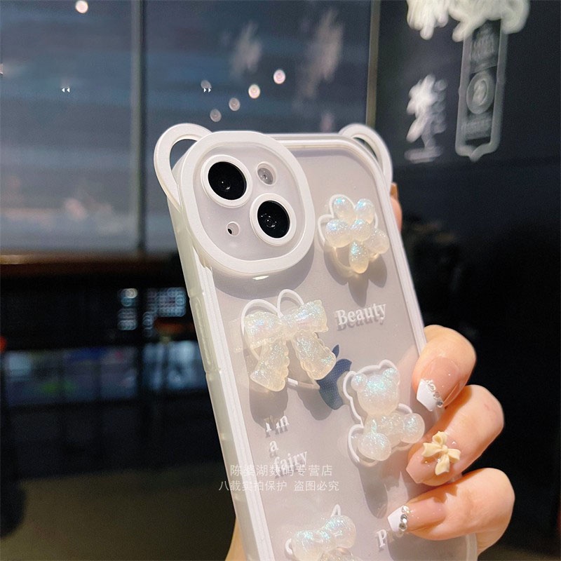 Ốp Điện Thoại Dẻo Hình Tai Gấu 3D Đính Ngọc Trai / Nơ Dễ Thương Cho IPhone 13 11 12 Pro Max X XR XS 7 8 Plus