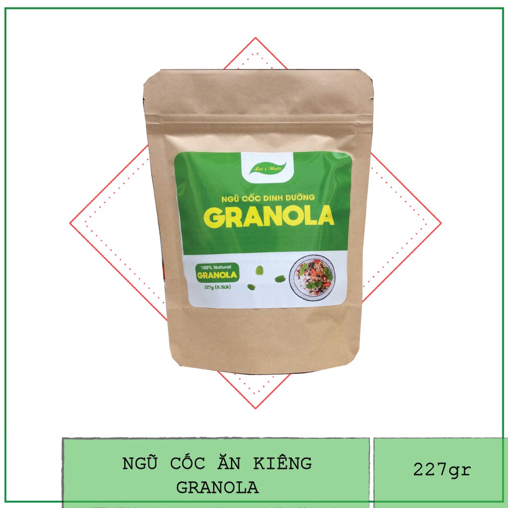 Ngũ cốc Granola ăn kiêng, giảm cân Let's Nuts dinh dưỡng gồm Nho, dừa, yến mạch, hạnh nhân, hạt điều, bí xanh túi 227gr