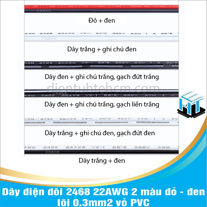 Dây điện đôi 2468 22AWG 2 màu đỏ - đen lõi 0.3mm2 vỏ PVC(1 mét)