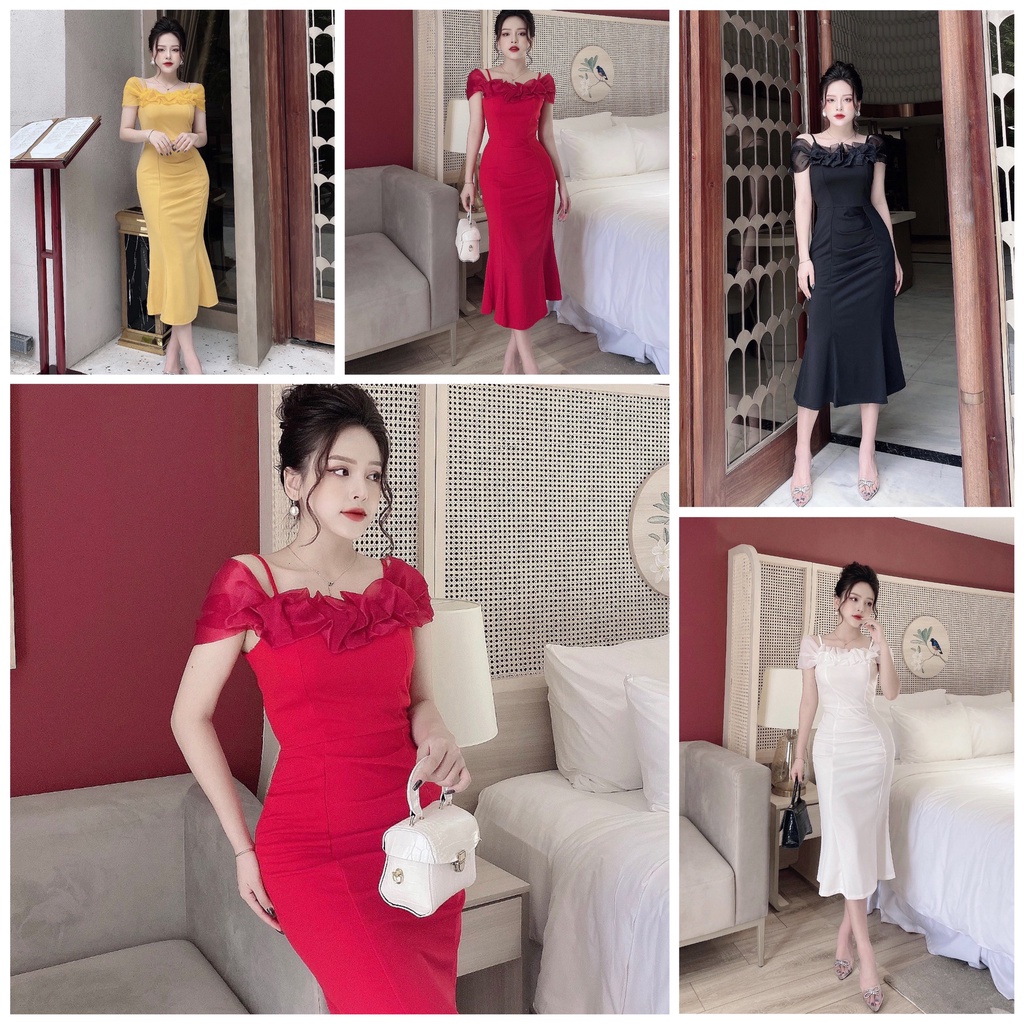 Váy đầm body đuôi cá trễ vai 2 dây chất umi co dãn 4 chiều thoải mái - nhún eo che khuyết điểm mặc đi chơi đi tiệc
