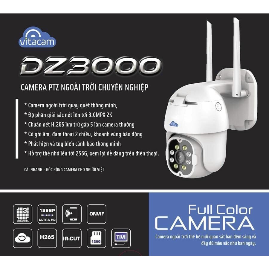 Camera IP Wifi Ngoài trời Vitacam DZ3000 Pro 3MPX 4 LED trợ sáng, 4 LED hồng ngoại, đàm thoại 2 chiều Bảo Hành 1 năm