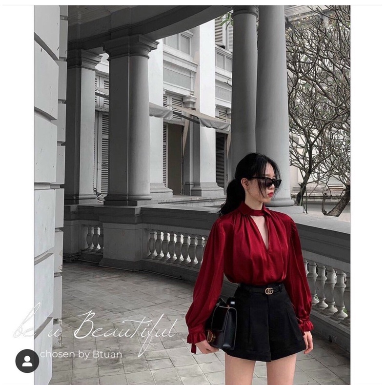 Áo sơ mi công sở cổ V tay cột nơ tiểu thư chất lụa màu trắng đỏ V00301 full size AĐ BOUTIQUE