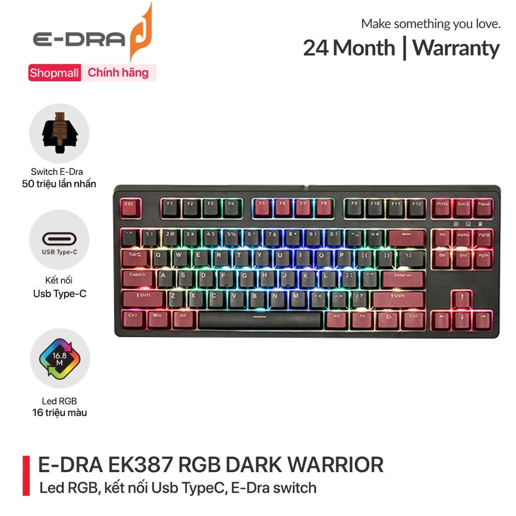 Bàn phím cơ chơi game có dây E-DRA EK387 RGB Dark Warrior - Bản 2022 - Led RGB - E-Dra Switch - Cáp TypeC