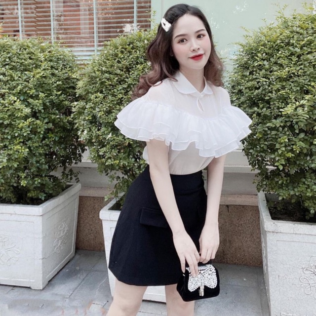 Áo tơ organza bèo tầng cổ giọt nước - áo kiểu màu trắng tay ngắn dễ thương - đồ hot girl đi chơi dự tiệc sang trọng 3121