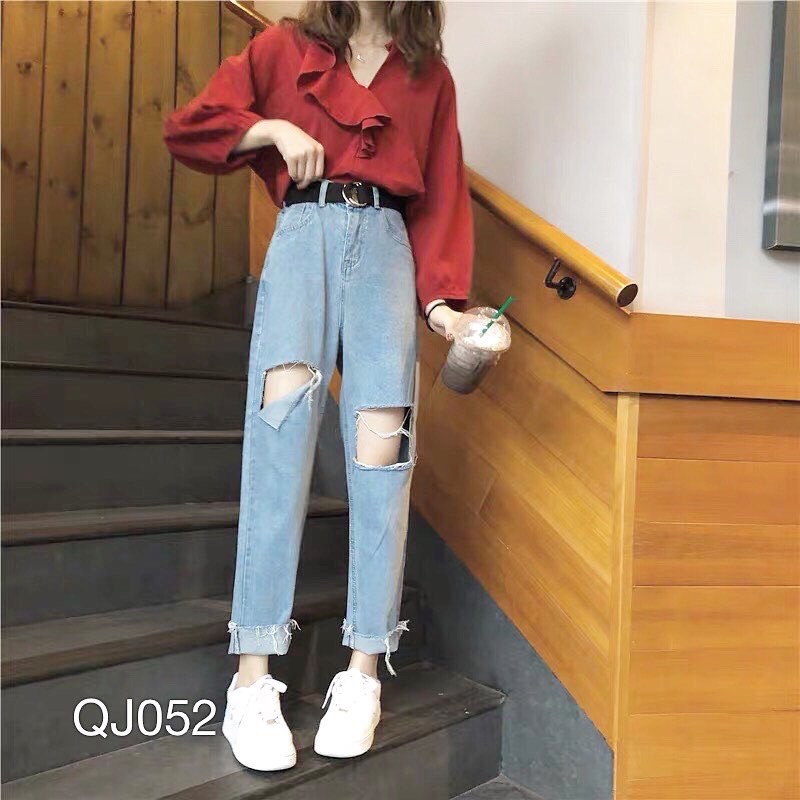 QJ052 - QUẦN JEAN BAGGY NỮ WASH RÁCH 2 GỐI