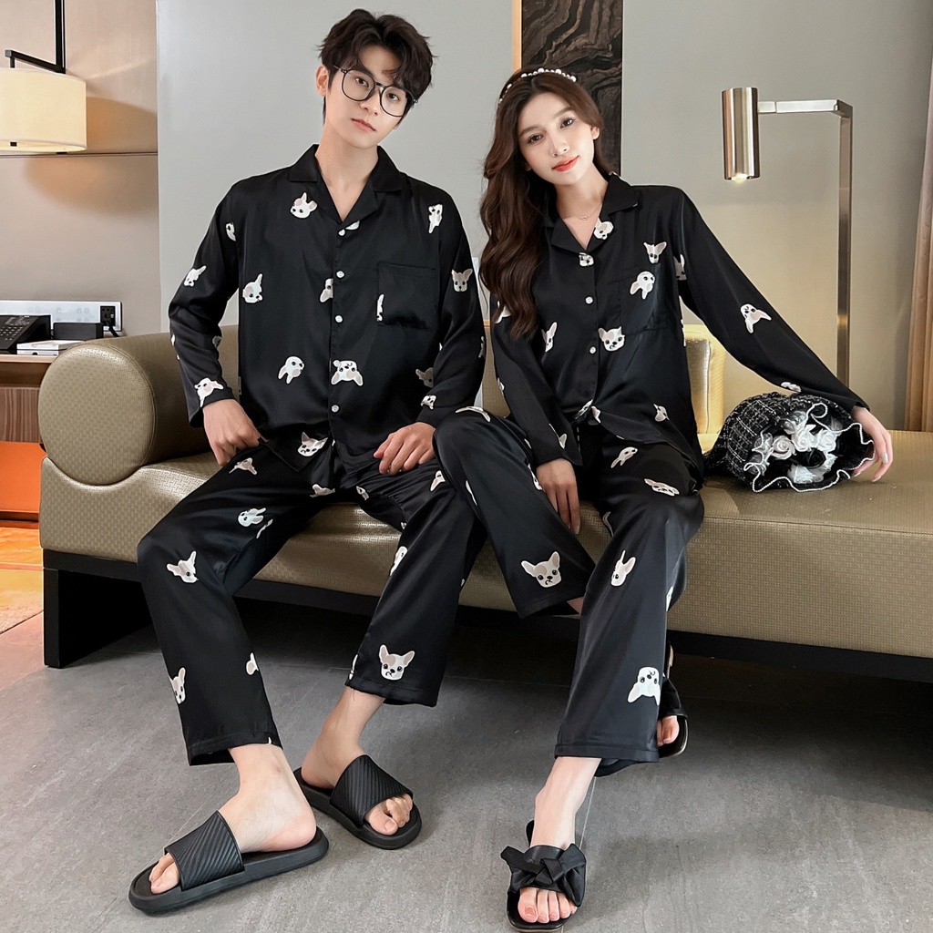 Bộ Đồ Ngủ Tay Dài Chất Lụa Lạnh In Họa Tiết Hoạt Hình Cún Dễ Thương Thời Trang Mùa Thu Cho Nam