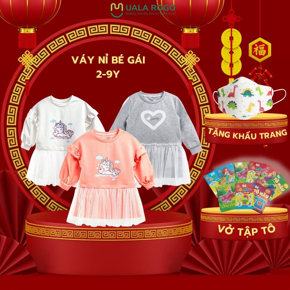 Váy bé gái Uala rogo cho bé 2-9 tuổi cotton nỉ dài tay ấm thoáng trắng hồng ghi 3837