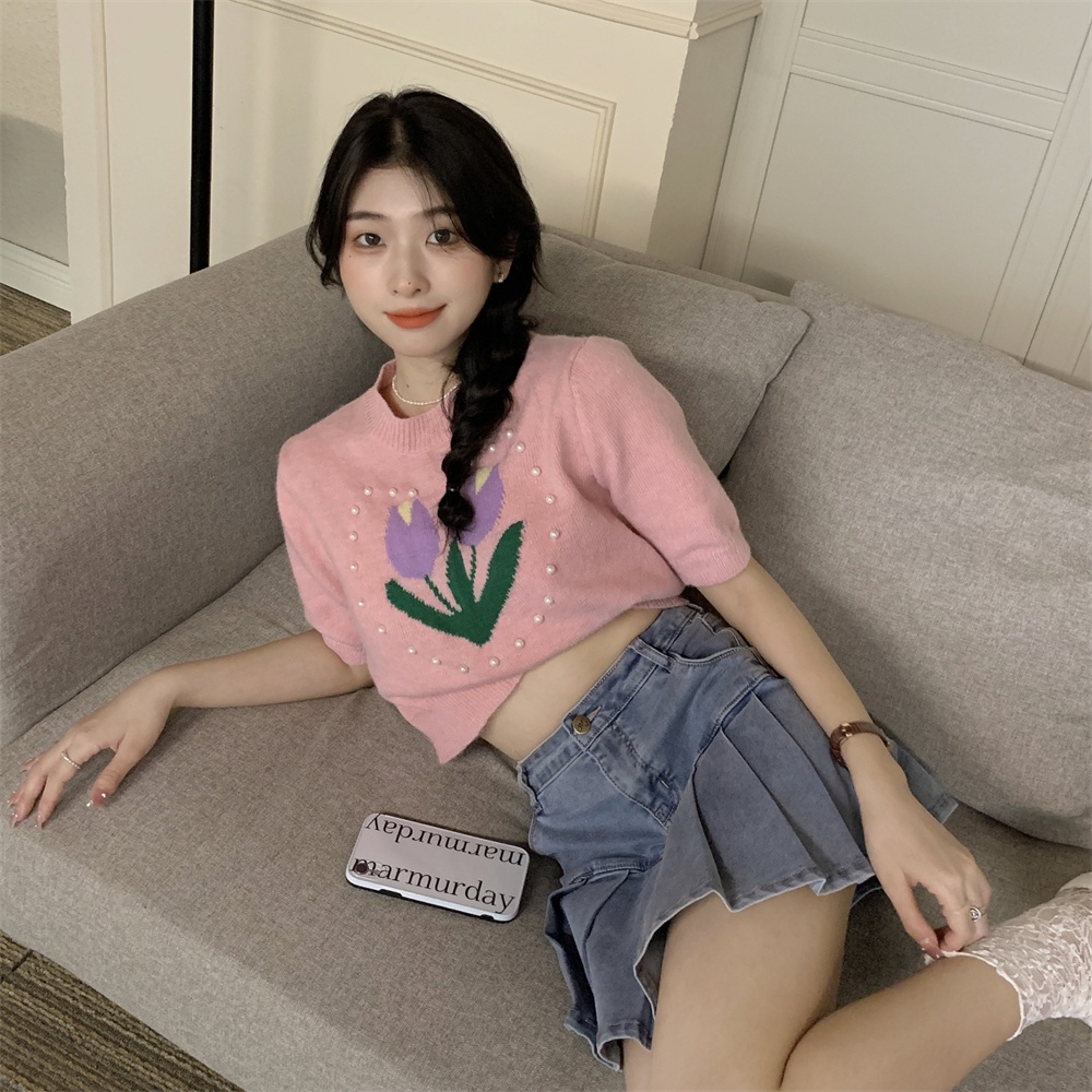 Áo thun dệt kim ZHELIHANGFEI tay ngắn dáng rộng hợp thời trang dễ phối đồ