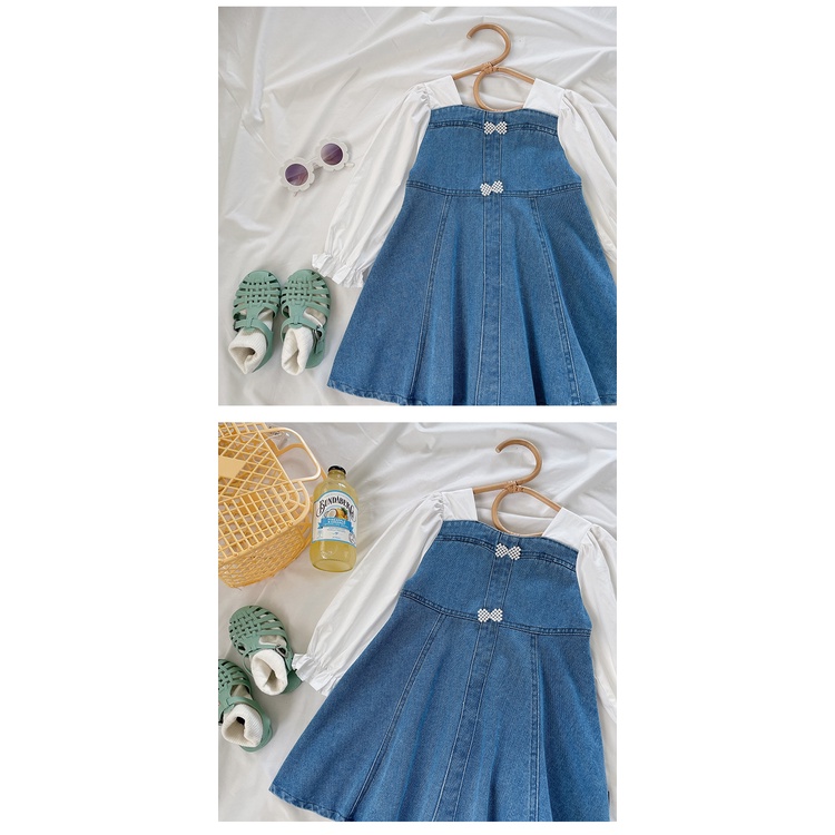 Đầm Denim Tay Phồng Xinh Xắn Theo Phong Cách Hàn Quốc Dành Cho Bé Gái