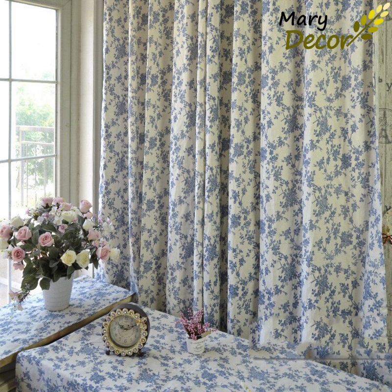 Rèm vải bố vintage hoa xanh độc đáo trang trí decor R-B01
