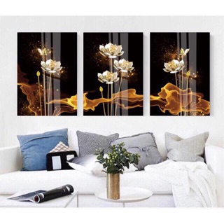 Bộ 3 tranh Canvas hoa sen vàng 40 x 60cm ( đã đóng khung) SR05