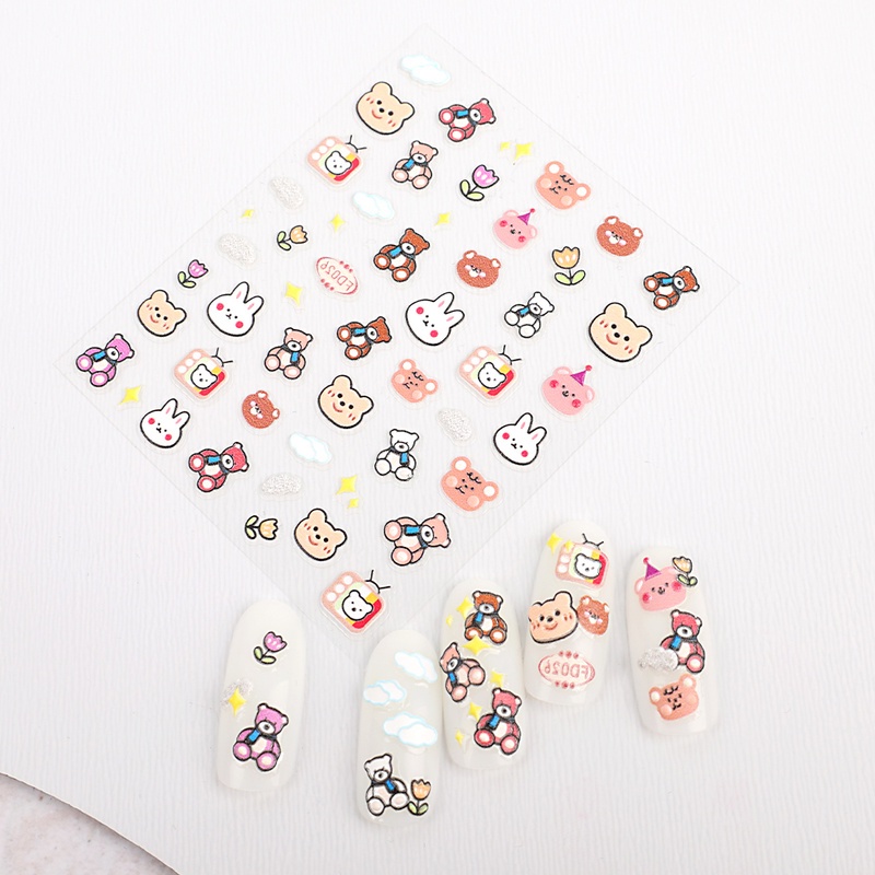 1 Tấm Sticker Dán Móng Hình Gấu 5D Dễ Thương