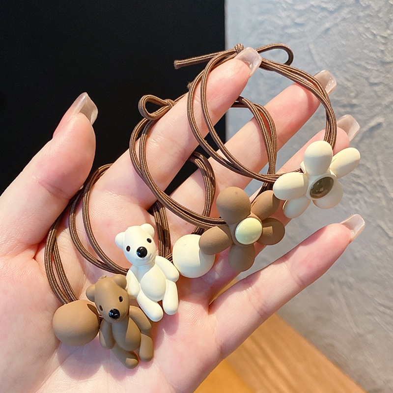 Dây Cột Tóc Màu Cà Phê Mặt Nhám Đính Hoa Và Gấu Dễ Thương Phong Cách Hàn Quốc