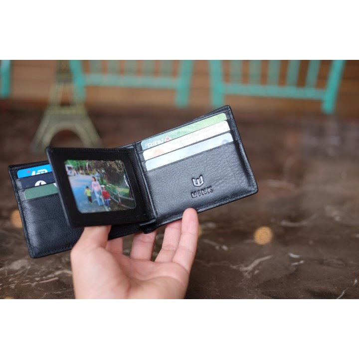 BOM- Ví da nam da dê thật dáng ngang màu xanh navy IQ56-71