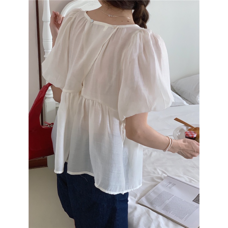 Áo Kiểu Tay Phồng Cổ Vuông Thêu Họa Tiết Phong Cách Pháp 52982