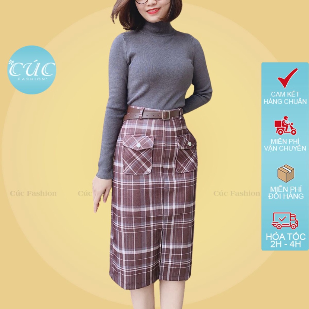 Chân váy bút chì dáng công sở Cúc Fashion CV508 váy kẻ caro xẻ trước