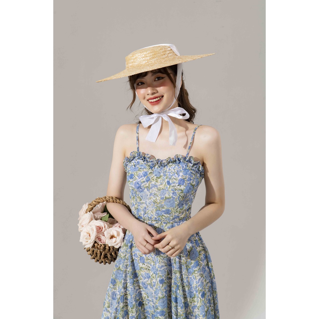 Váy nữ xinh hai dây thiết kế dáng xòe ngắn Emily Dress chất liệu Chiffon Hoa size S/M/L màu xanh