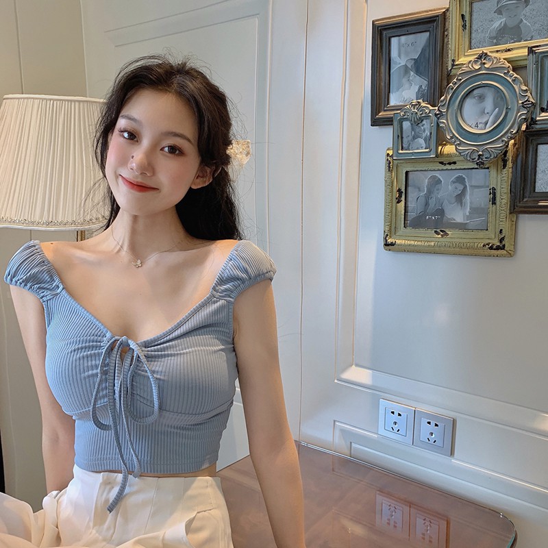 Cocory vn Áo crop top màu trơn trễ vai gợi cảm cho nữ