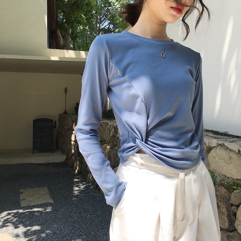Áo thun tay dài màu trơn phong cách cổ điển Hàn Quốc