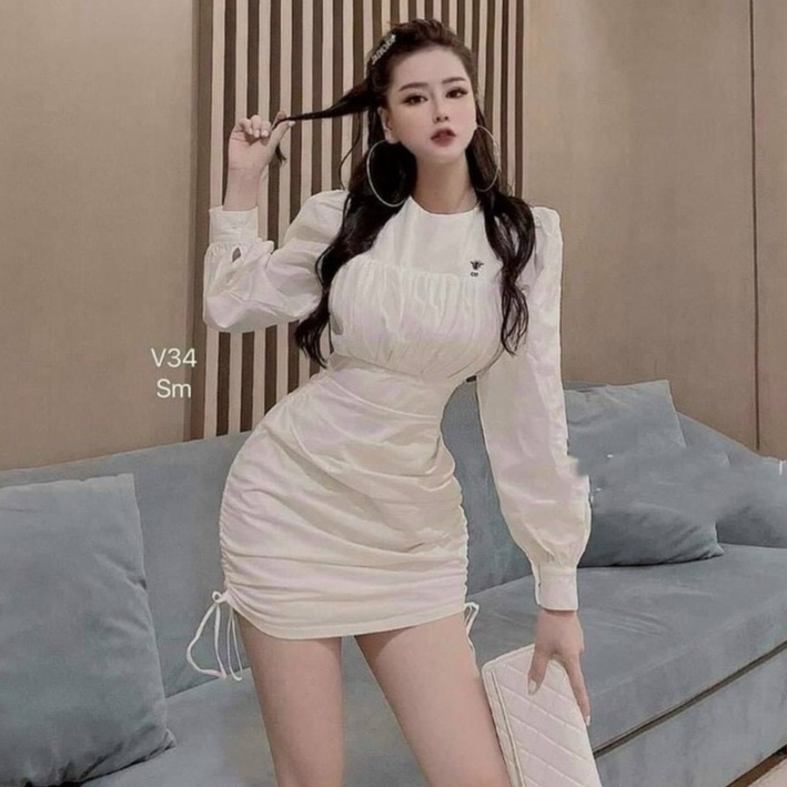 Gunkaymatter Đầm Nữ Ôm Body Xếp Ly Cổ Tròn Tay Dài Rút Dây 2 Bên Hông Thời Trang Nữ  Màu Sắc Nhã Nhặn