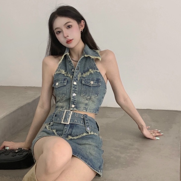 Bộ Áo Denim Không Tay Phối Chân Váy Denim Lưng Cao Thời Trang Mùa Hè Quyến Rũ Cho Nữ