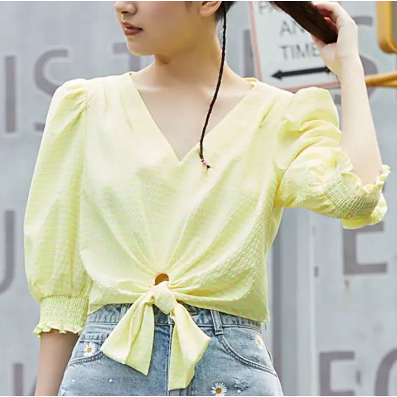 Áo Croptop Cổ V Tay Lửng Phồng Buộc Nơ Eo Hàng Hiệu