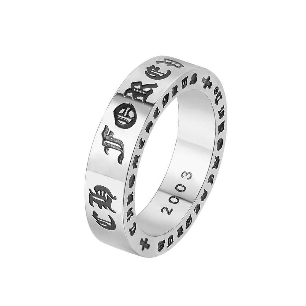 Nhẫn nam titan tròn phẳng họa tiết chrome hearts sắc nét không gỉ MR2206