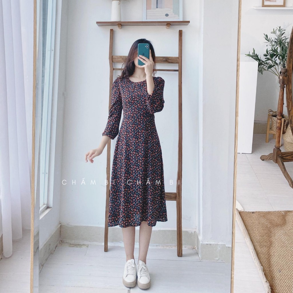 Đầm Hoa Nhí Dài Tay Cổ Tròn 3 màu Trắng, Hồng, Đỏ đen - V.033 | BigBuy360 - bigbuy360.vn