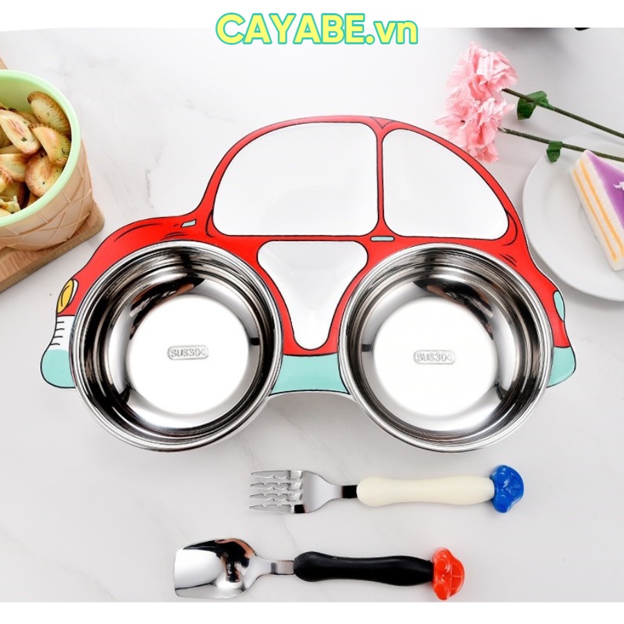 Set khay ăn dặm 3 món inox hình ô tô cho bé Royalcare rc-2020-0805 màu xanh/ đỏ