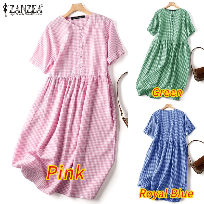 Đầm ZANZEA tay ngắn cổ chữ V dáng rộng họa tiết ca rô thời trang dành cho nữ