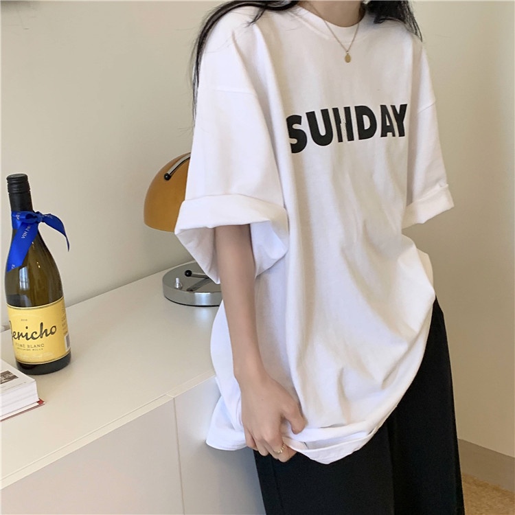 Áo Thun Tay Ngắn Cổ Tròn Dáng Rộng In Chữ Kiểu Hàn Quốc Thời Trang Mùa Hè Mới Cho Nữ