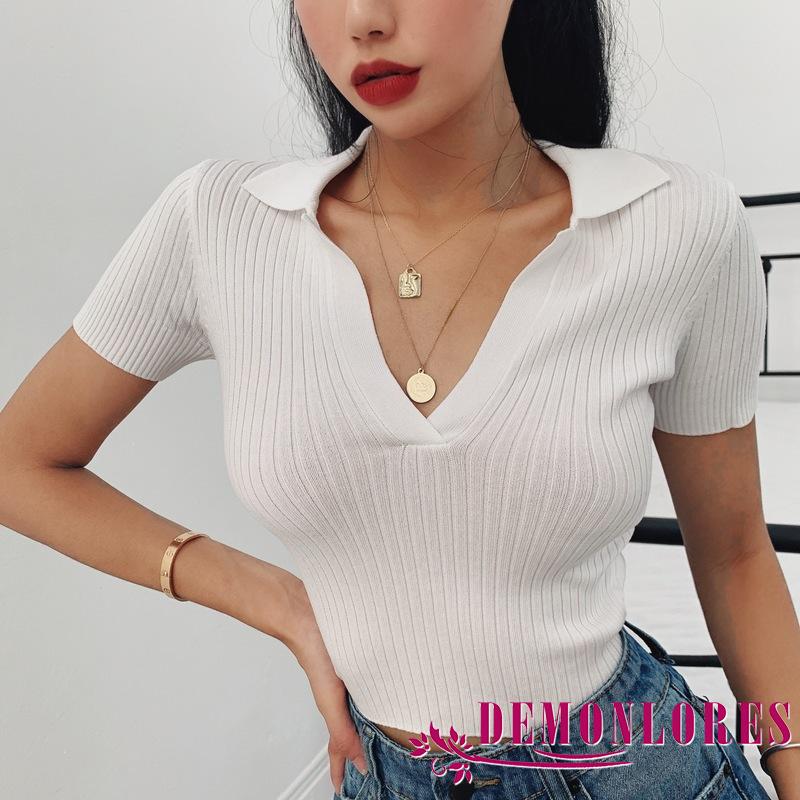 Áo Lửng Ngắn Tay Cổ Chữ V Thời Trang Gợi Cảm Cho Nữ