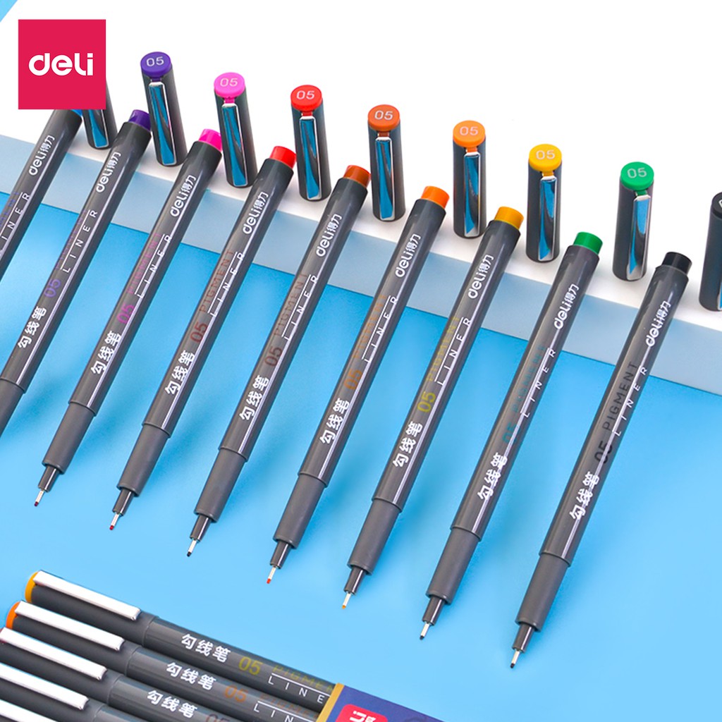 Bộ 9 bút line đi nét nhiều màu Deli ngòi bọc kim loại 0.5mm viết caligraphy thư pháp trang trí sổ tay học sinh
