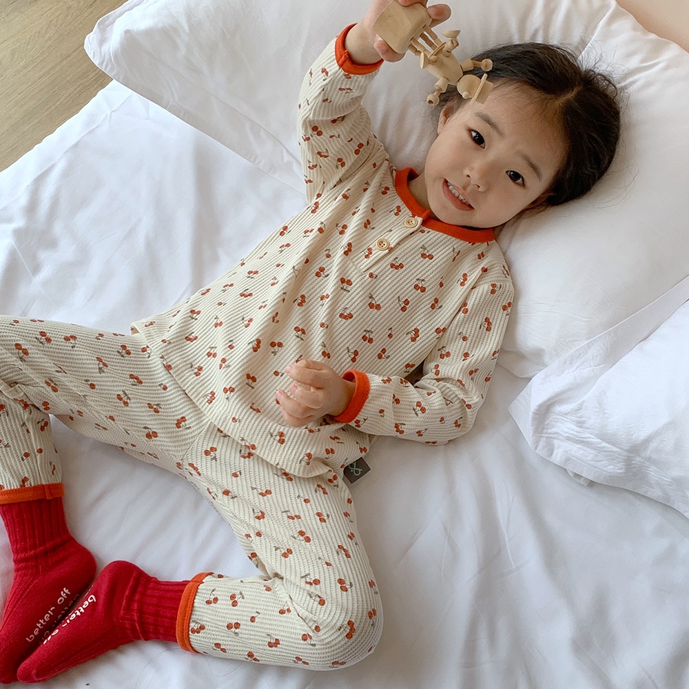 Đồ bộ bé trai bé gái hình quả Cherry cá tính dễ thương, Set quần áo sơ sinh vải cotton tổ ong tay dài Hàn Quốc