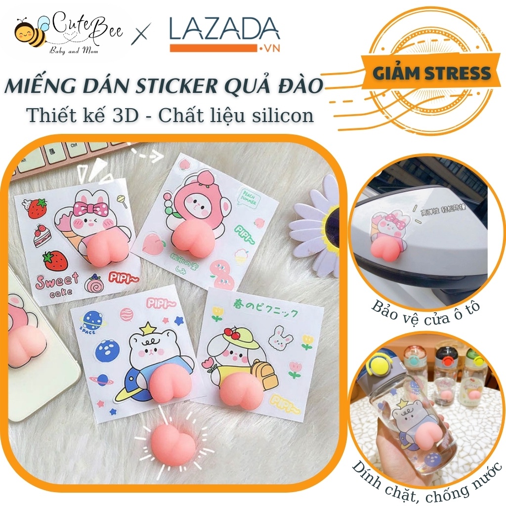 3 SET sticker dán CUTEBEE quả mông trái đào Mochi silicon chống nước, đồ chơi giảm stress giá rẻ - bền - đẹp